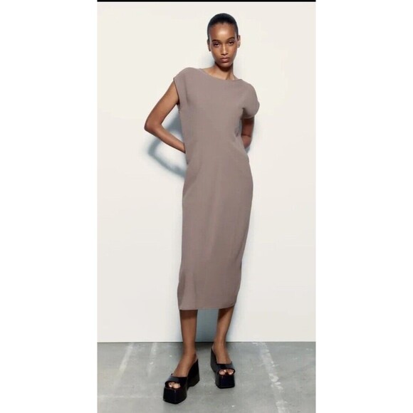 NWT Zara Taupe Brown Nude Midi Shift T-shirt Dress Size XL Minimalist - Picture 1 of 7